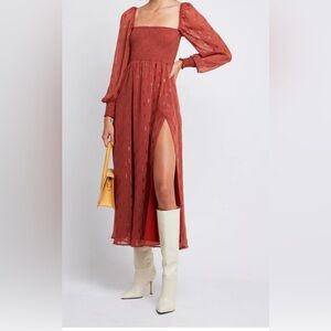 Smocked Square-Neck Midi Dress in Rust with Side Slit